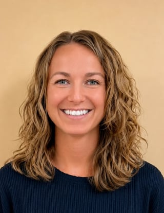 Smiling woman with long wavy reddish-brown hair wearing a black blazer against a white background