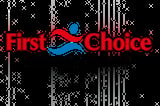 First Choice logo with red text and blue swoosh design on black background with code pattern